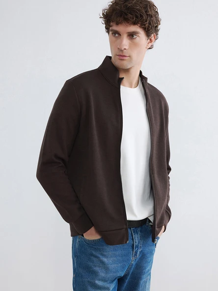 LCWAIKIKI Classic Kahverengi Dik Yaka Erkek Fermuarlı Sweatshirt ürün görseli 1