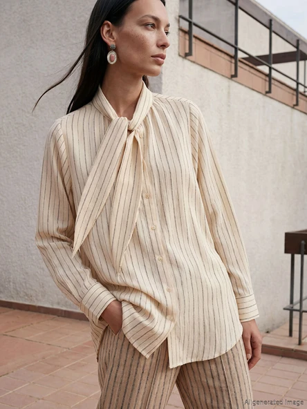 LCW STUDIO Ekru Çizgili Oversize Kadın Gömlek Tunik ürün görseli 1