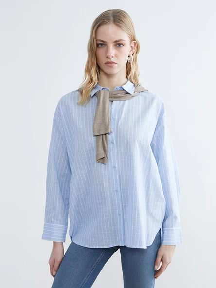 LCW Vision Mavi Çizgili Oversize Poplin Kadın Gömlek ürün görseli 1