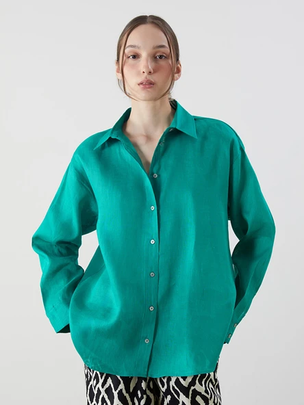 LCW Vision Yeşil Oversize %100 Keten Kadın Gömlek ürün görseli 1