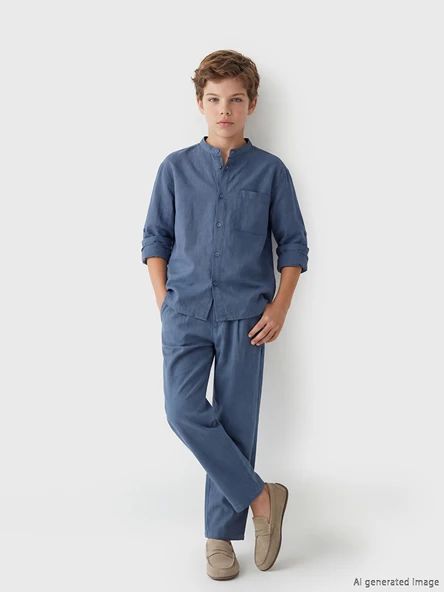 LCW Kids İndigo Keten Karışımlı Pileli Erkek Çocuk Pantolon ürün görseli 1