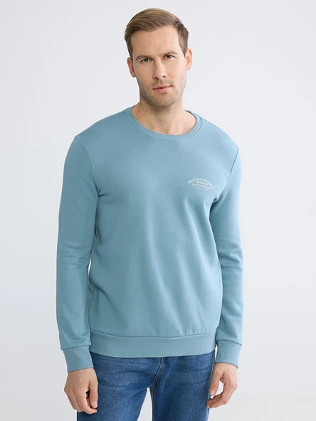 LCWAIKIKI Classic Mavi Bisiklet Yaka Baskılı Erkek Kalın Sweatshirt ürün görseli 1