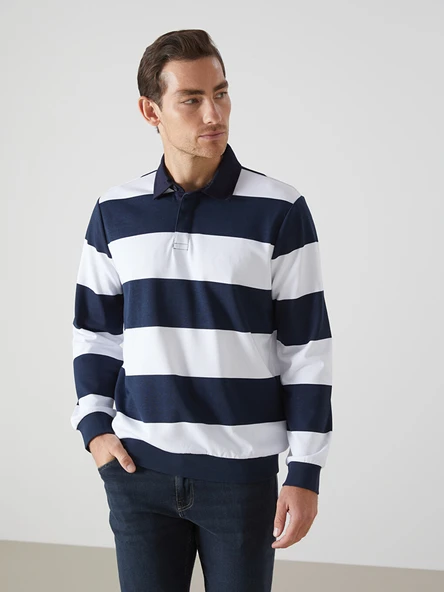LCWAIKIKI Basic Lacivert Polo Yaka Uzun Kollu Çizgili Erkek Sweatshirt ürün görseli 1