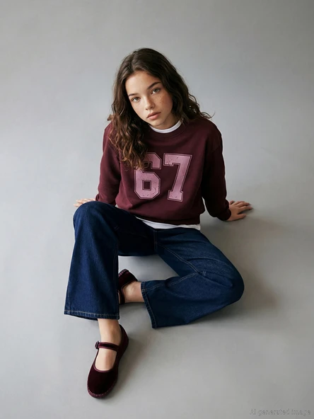 LCW Kids Mürdüm Bisiklet Yaka Baskılı Kız Çocuk Kalın Sweatshirt ürün görseli 1