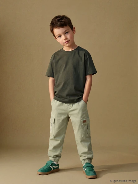 LCW Kids Yeşil Loose Fit Erkek Çocuk Gabardin Kargo Pantolon ürün görseli 1