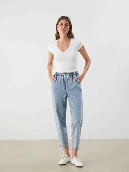 LCW Jeans İndigo Beli Lastikli Balloon Fit Kadın Jean Pantolon ürün görseli 1