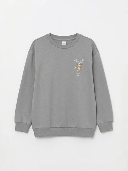LCW Kids Gri Bisiklet Yaka Baskılı Kız Çocuk Sweatshirt ürün görseli 1