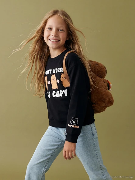 LCW Kids Siyah Capyfun Baskılı Kız Çocuk Kalın Sweatshirt ürün görseli 1