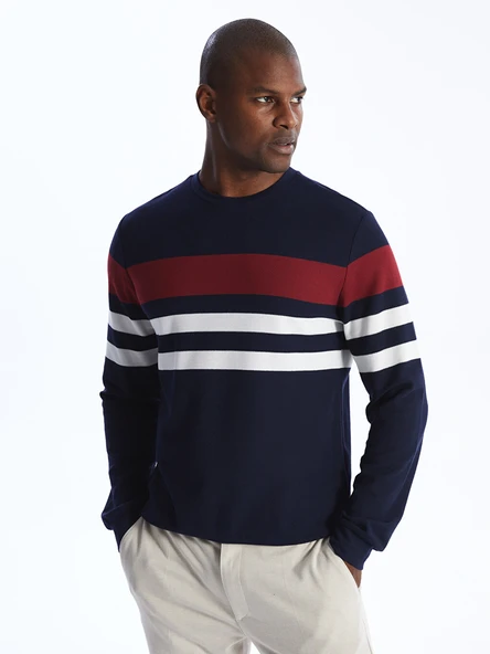 LCWAIKIKI Classic Lacivert Bisiklet Yaka Uzun Kollu Çizgili Erkek Sweatshirt ürün görseli 1