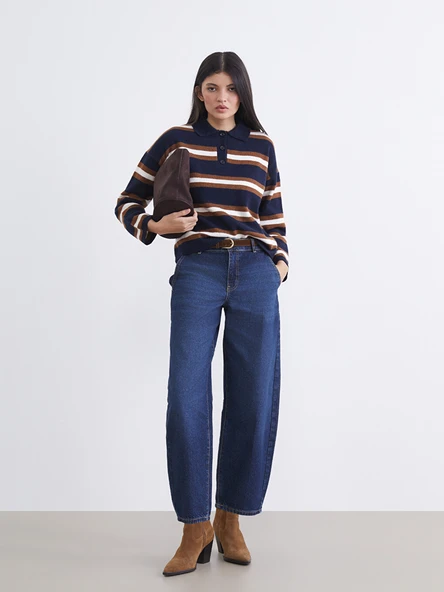 LCW Jeans İndigo Beli Kemerli Barrel Fit Kadın Jean Pantolon ürün görseli 1