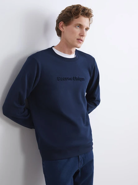 LCWAIKIKI Classic Lacivert Bisiklet Yaka Baskılı Erkek Sweatshirt ürün görseli 1