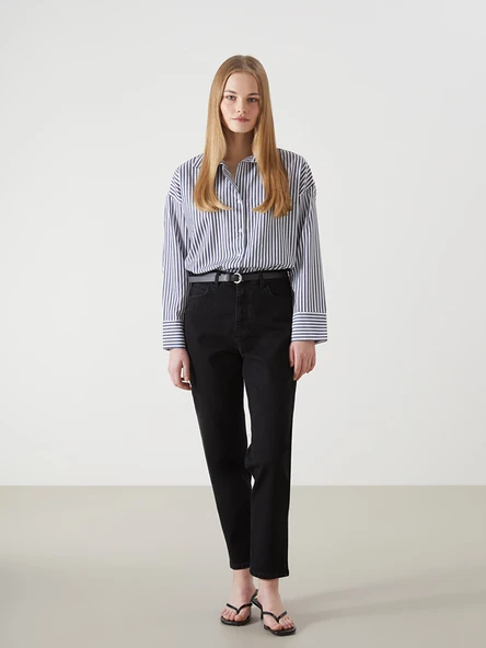LCW Jeans Siyah Beli Kemerli Mom Fit Kadın Jean Pantolon ürün görseli 1