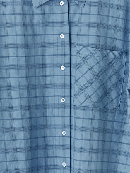 LCW Modest Mavi Ekose Oversize Kadın Gömlek - Resim 5