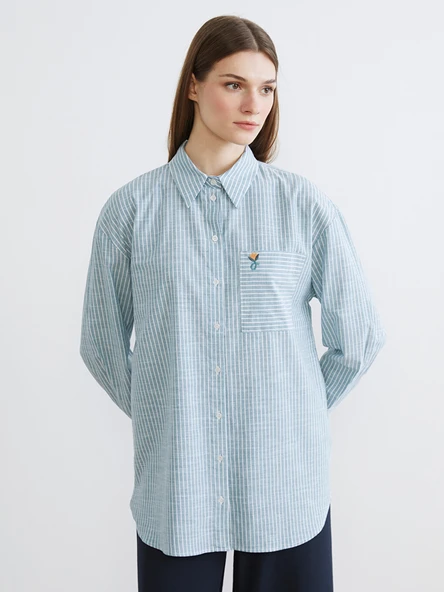 LCW Modest Yeşil Çizgili Oversize Poplin Kadın Gömlek Tunik ürün görseli 1