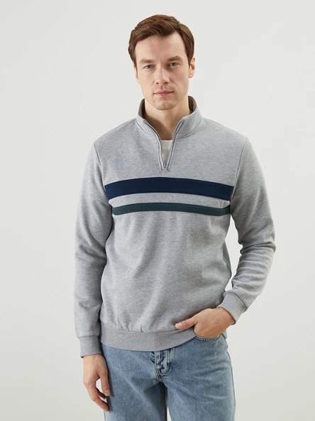 LCWAIKIKI Classic Gri Dik Yaka Uzun Kollu Çizgili Erkek Sweatshirt ürün görseli 1