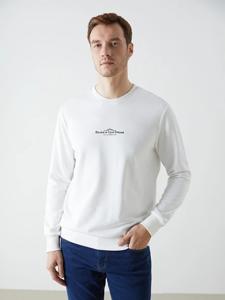LCWAIKIKI Classic Beyaz Bisiklet Yaka Uzun Kollu Baskılı Erkek Sweatshirt ürün görseli 1