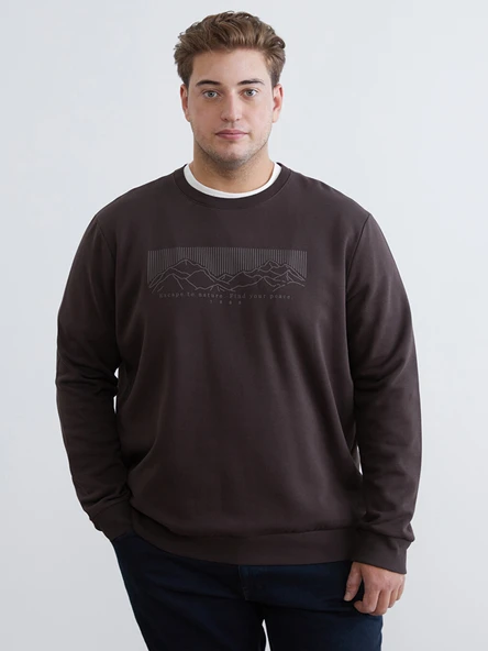 LCWAIKIKI Classic Kahverengi Büyük Beden Bisiklet Yaka Baskılı Erkek Kalın Sweatshirt ürün görseli 1