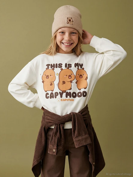 LCW Kids Beyaz Capyfun Baskılı Kalın Kız Çocuk Sweatshirt ürün görseli 1