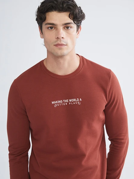 LCWAIKIKI Classic Turuncu Bisiklet Yaka Baskılı Erkek Kalın Sweatshirt ürün görseli 1