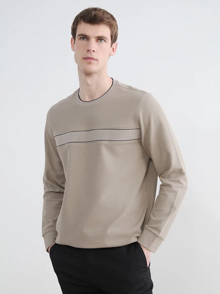 LCWAIKIKI Classic Bej Bisiklet Yaka Baskılı Erkek Sweatshirt ürün görseli 1