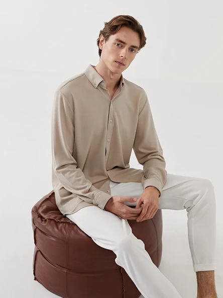 LCW Vision Bej Slim Fit Uzun Kollu Erkek Dokulu Gömlek ürün görseli 1