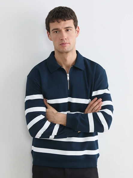 LCW Vision Lacivert Polo Yaka Çizgili Erkek Kalın Sweatshirt ürün görseli 1