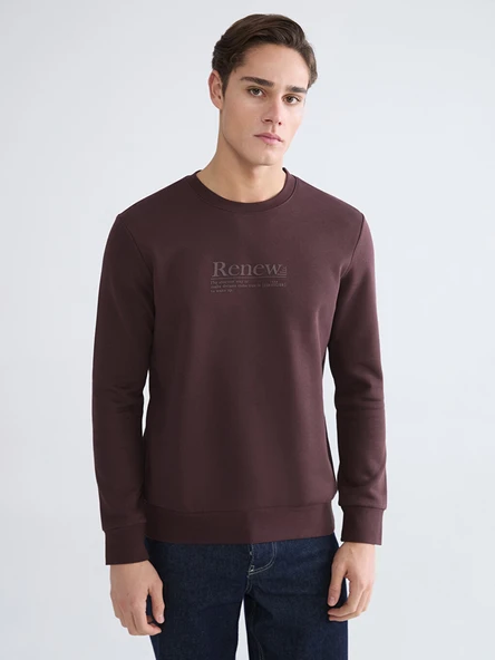 LCWAIKIKI Classic Kahverengi Bisiklet Yaka Baskılı Erkek Kalın Sweatshirt ürün görseli 1
