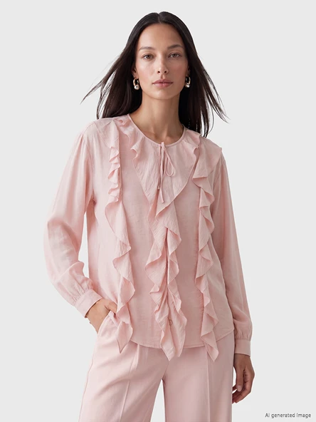 LCW Modest Pembe Bisiklet Yaka Fırfırlı ıBluz ürün görseli 1