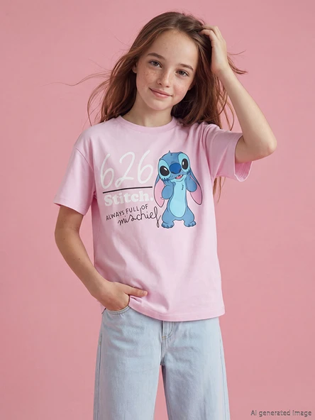 LCW Kids Lila Stitch Baskılı Kız Çocuk Tişört ürün görseli 1