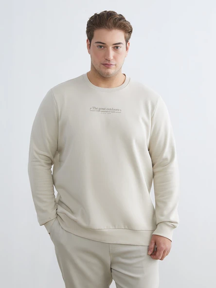 LCWAIKIKI Classic Bej Büyük Beden Bisiklet Yaka Baskılı Kalın Erkek Sweatshirt ürün görseli 1