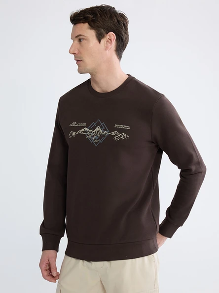 LCWAIKIKI Classic Kahverengi Bisiklet Yaka Baskılı Erkek Sweatshirt ürün görseli 1