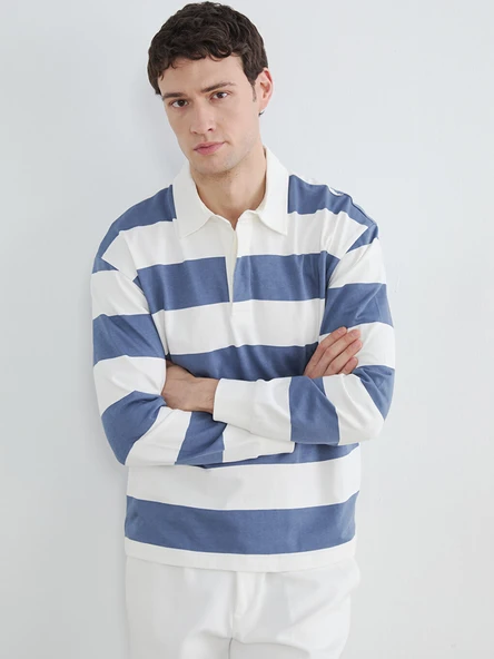 LCW Vision Mavi Polo Yaka Çizgili Erkek Sweatshirt ürün görseli 1