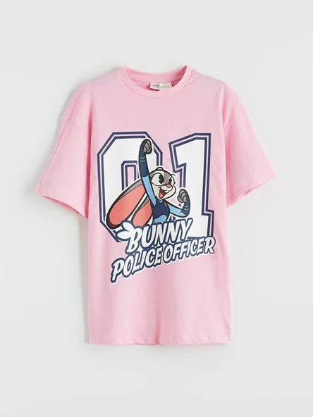 LCW Kids Pembe Bisiklet Yaka Zootopia Baskılı Kız Çocuk Tişört ürün görseli 1