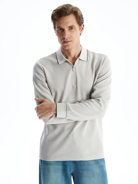 LCWAIKIKI Classic Gri Polo Yaka Uzun Kollu Erkek Sweatshirt ürün görseli 1