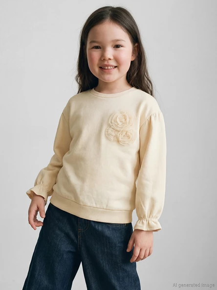 LCW Kids Bej Bisiklet Yaka Çiçek Aplikeli Kız Çocuk Sweatshirt ürün görseli 1