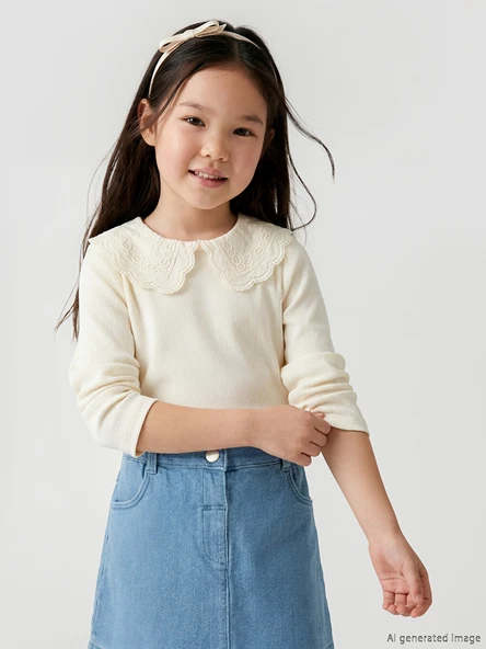 LCW Kids Ekru Bebe Yaka Uzun Kollu Kız Çocuk Tişört ürün görseli 1