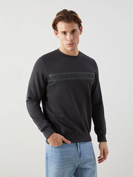 LCWAIKIKI Classic Antrasit Bisiklet Yaka Baskılı Erkek Kalın Sweatshirt ürün görseli 1