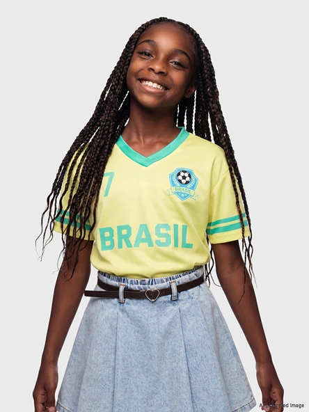 LCW Kids Sarı Brezilya Baskılı Kız Çocuk Forma Tişört ürün görseli 1