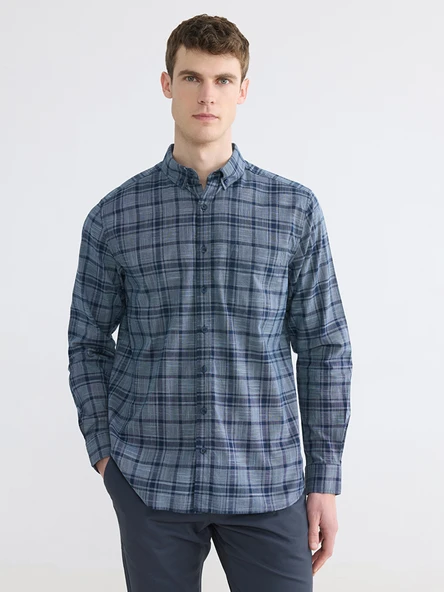 LCWAIKIKI Classic Lacivert Regular Fit Ekose Poplin Erkek Gömlek ürün görseli 1