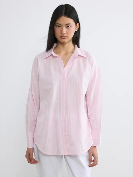 LCW Vision Pembe Çizgili Oversize Oxford Kadın Gömlek ürün görseli 1