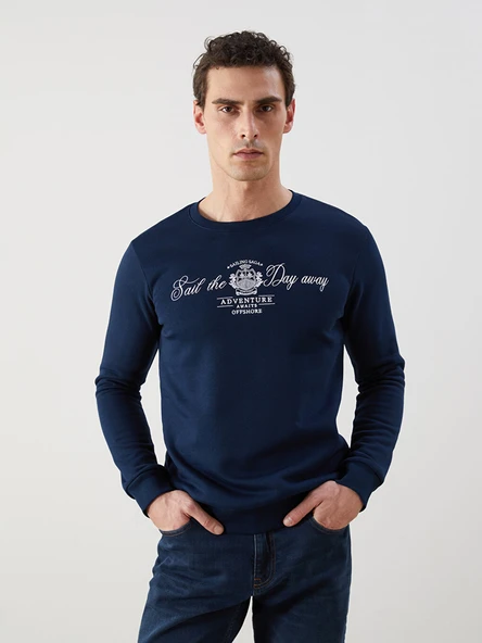 LCWAIKIKI Classic Lacivert Bisiklet Yaka Baskılı Erkek Kalın Sweatshirt ürün görseli 1