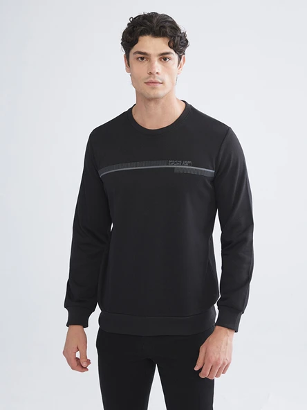 LCWAIKIKI Classic Siyah Bisiklet Yaka Baskılı Erkek Sweatshirt ürün görseli 1