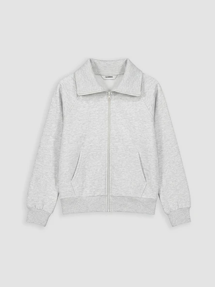 LCW Kids Gri Gömlek Yaka Kız Çocuk Kalın  Fermuarlı Sweatshirt ürün görseli 1