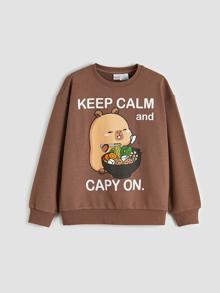 LCW Kids Kahverengi Capyfun Baskılı Bisiklet Yaka Kız Çocuk Sweatshirt ürün görseli 1
