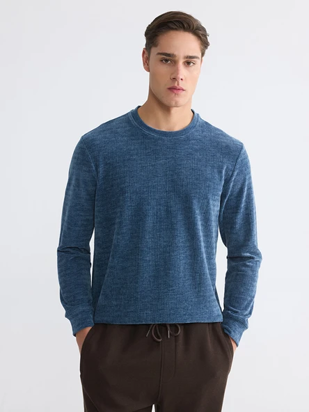 LCWAIKIKI Classic İndigo Bisiklet Yaka Dokulu Erkek Sweatshirt ürün görseli 1