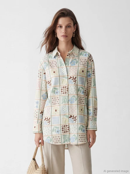 LCW Modest Karışık Desenli Oversize Kadın Gömlek Tunik ürün görseli 1