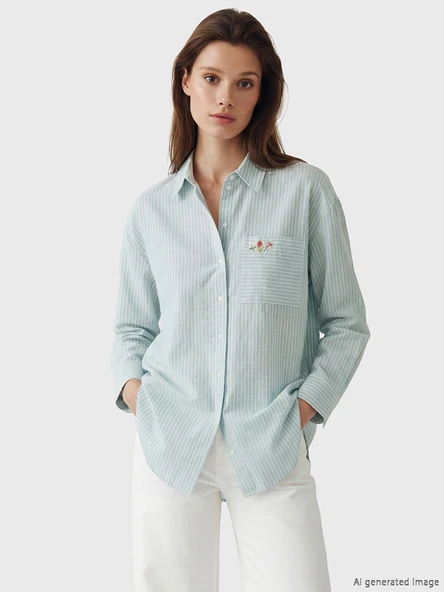 LCW Modest Yeşil Çizgili Oversize Poplin Kadın Gömlek Tunik ürün görseli 1