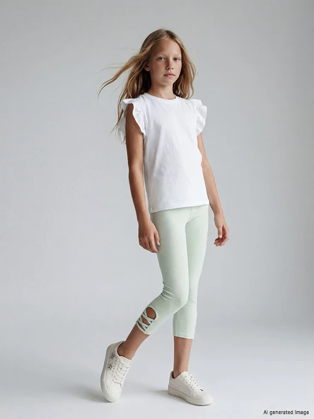 LCW Kids Yeşil Beli Lastikli 3/4 Boy Kız Çocuk Tayt ürün görseli 1