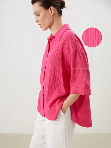 LCW Comfort Fuşya Oversize Dokulu Kadın Gömlek ürün görseli 1