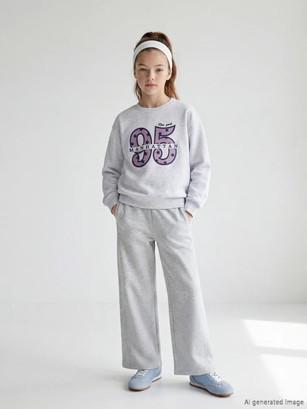 LCW Kids Gri Beli Lastikli Kız Çocuk Kalın Eşofman Altı ürün görseli 1